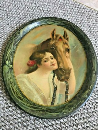 Antique 1903 Pre Prohibition Tin Litho Beer Tray - Derby Girl Horse Charles Ehlen