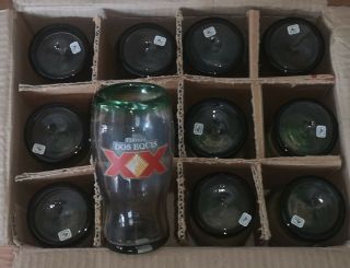 12 Dos Equis Xx Cerveza Beer Pint Glass Barware Green Rimmed Hand Blown 16 Oz
