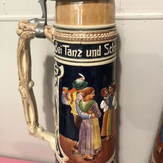 Giant Vintage hand painted GERZ German Lidded Beer Stein Pair.  4 Liters. 3