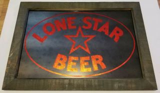 Lone Star Beer Glass Mirror Wood Framed Red Foil Bar Sign Texas Beer 23 " X 16 "