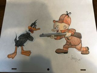 Virgil Ross Sketch - Elmer Fudd And Daffy Duck.  Signed 12.  5x10.  5”