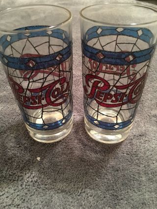 Vintage Pepsi Cola Stained Glass Retro Drinking Glasses 12 Oz.  Set Of 2