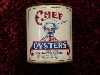 Vintage 1 Pint Chef Brand Oyster Tin Can Wm Jacobs & Son Baltimore Md.