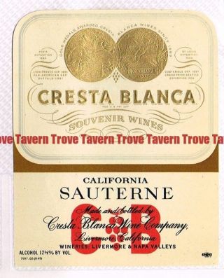 1940s California Livermore Cresta Blanca Sauterne Wine Label