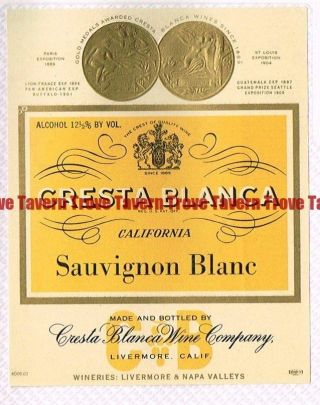 1940s California Livermore Cresta Blanca Sauvignon Blanc Wine Label
