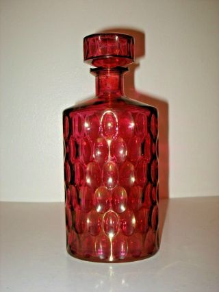 Italian Mid Century Magenta Glass Decanter Bottle With Bubble Stopper Empoli Era