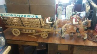 Vintage Lowenbrau 4 Horse And Beer Wagon Set 26 Barrels,  1 Driver And 1 Rider