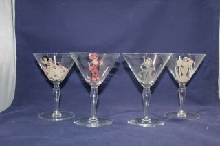 Mid Century Hand Painted Reversible Nude Pin Up Girl Set Of 4 Martini Glasses