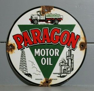 Vintage Style Paragon Motor Oil Sign Porcelain Gasoline Gas Pump Plate Lubester