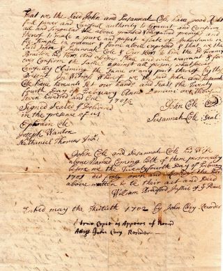 1701,  Plymouth,  Mass; John Cole,  share of Pocasset lands,  John Cary signed 3