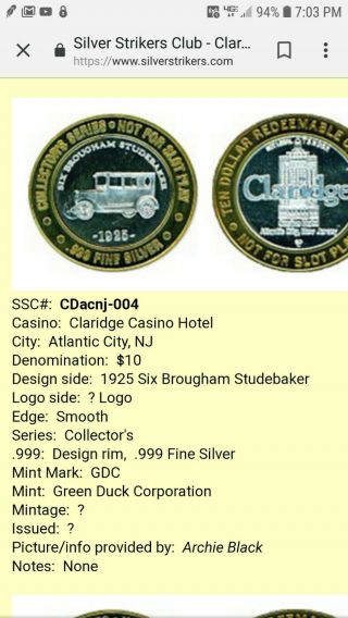 Rare Claridge Casino.  999 Silver Strike $10 Coin 1925 Studebaker 4