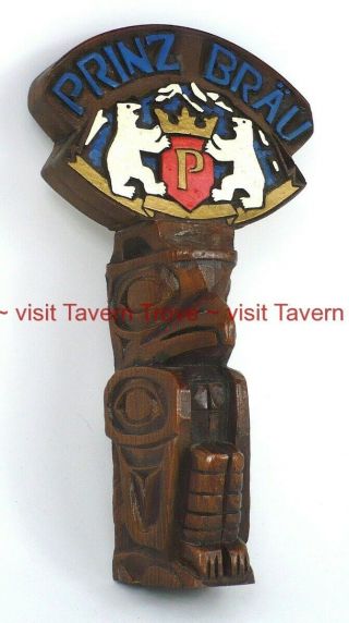 Rare 1970s Alaska Prinz Brau Beer Carved Wood Totem Pole Tap Handle Tavern Trove