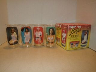Vintage Sip N Strip Nude Pin Up Girl " Peek - A - Boo " Drinking Glass Se 4 W/ Box