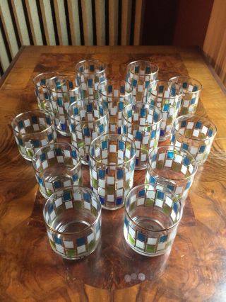Libbey Nordic Vtg Mcm Geometric Glasses Gold Blue Green Water Juice Set Of 16