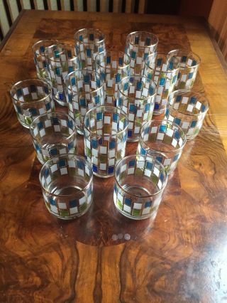 Libbey Nordic Vtg MCM Geometric Glasses Gold Blue Green Water Juice Set Of 16 2