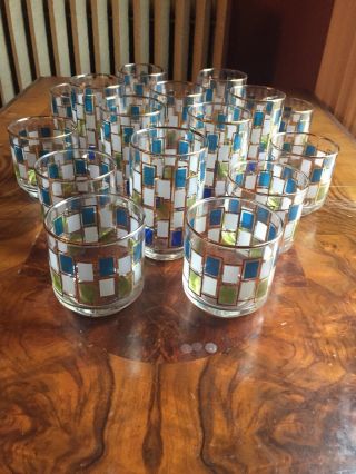 Libbey Nordic Vtg MCM Geometric Glasses Gold Blue Green Water Juice Set Of 16 3