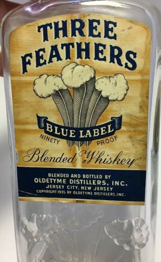 Vintage Three Feathers Paper Blue Label 4/5 Quart Whiskey Bottle Capstan Glass