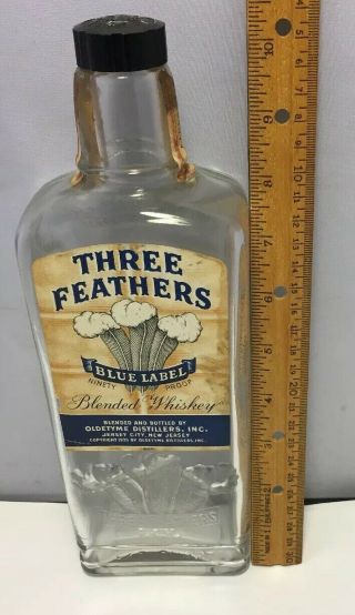 Vintage Three Feathers Paper Blue Label 4/5 Quart Whiskey Bottle Capstan Glass 2