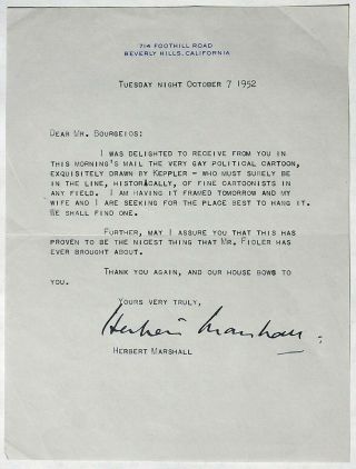 S970.  Stage,  Screen & Radio Actor Herbert Marshall Autographed Letter (1952)