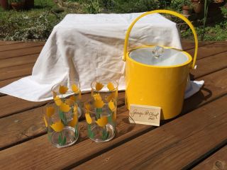 Vintage Picnic Georges Briard Ice Bucket W/ 4 Tulip Glasses Box