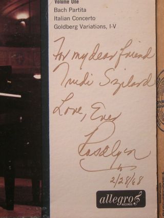 Allegro Leg - 9015 Js Bach Rosalyn Tureck Piano Recital Vol.  1 Signed Vg,