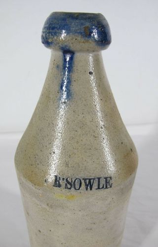 Antique C 1850 Pre Prohibition Stoneware Beer Bottle Cobalt Top R Sowle Yqz