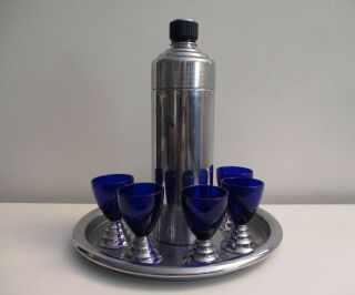 Chase Doric Blue Moon Cocktail Shaker W/5 Cobalt Blue Glasses & Tray Art Deco