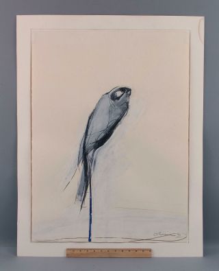 Mid - Century Nathan Oliveira Mixed Media Painting Gouache & Charcoal Perched Hawk