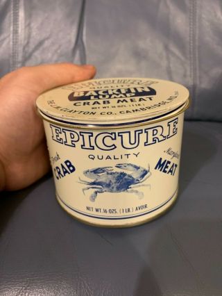 1 Pound Epicure Backfin Lump Crab Meat Tin Can J.  M.  Clayton Co Cambridge Md