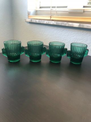 Vintage Barware Libbey Green Double Cactus Shot Glasses Dip Ribbed Cups Set Of 4