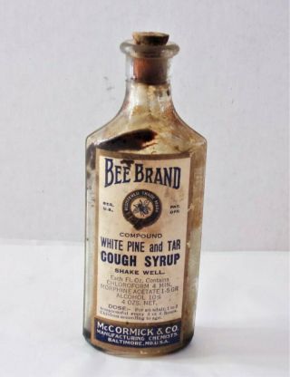 Antique Bee Brand Mccormick White Pine & Tar 4oz Cough Syrup Bottle