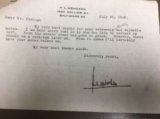 Author.  H.  L.  Mencken Autographed Letter.  And Correspondence.  1948 Very Scarce.