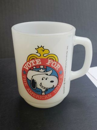 Vote For Snoopy Anchor Hocking Presidential Vtg 1980 No 2 Coffee Mug Milk Glass
