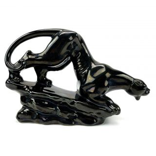 Black Panther Ceramic Black Glaze Statue Prowler On Rock Mid Century