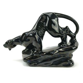Black Panther Ceramic Black Glaze Statue Prowler on Rock Mid Century 2