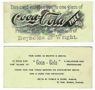 Rare Coca Cola Coupon - Ca.  1894s - Glass - Reynolds & Wright - Seth Fowle - - Vfine - Oj