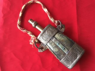 Antique Artisanal Black Powder Flask Handmade With Bronze Iron Bone Horn