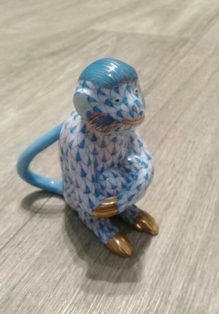 Herend Hand - Painted Porcelain Monkey In Trademark Blue Fishnet Design.  3 " Tall.