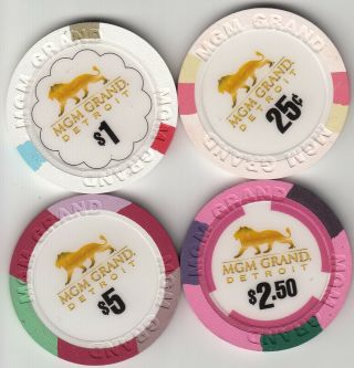 Mgm Grand - Detroit,  Mi Set Of 4 25c,  $1,  $2.  50,  $5 House Casino Chips