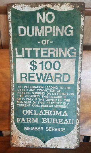 Vintage Oklahoma Farm Bureau No Dumping Or Littering $100 Reward Metal Sign 2 