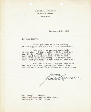 Wendell L.  Willkie.  Lost To Fdr In 1940.  Tls To Darryl F Zanuck About Censorship