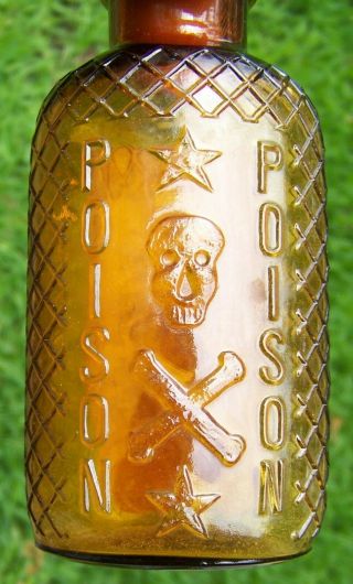 Skull & Crossbones Embossed Poison Bottle W Sharp & Dohme Paper Label Lt Amber