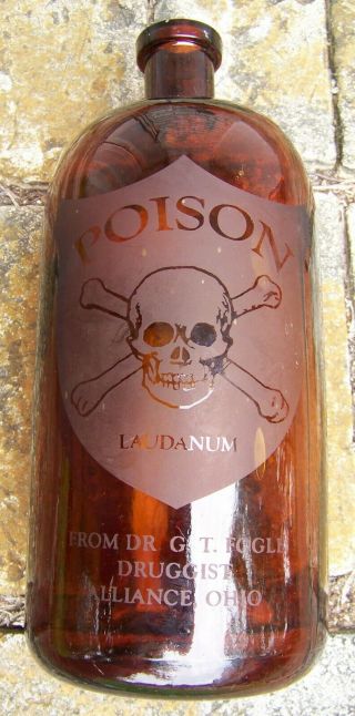 Large Etched Poison Bottle W Skull & Crossbones Dr Fogle Druggist Alliance Ohio