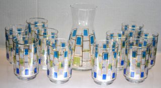 Vintage Libbey Nordic Blue Green White Geometric Tumbler Glasses With Pitcher