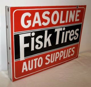 Fisk Tires Gasoline Auto Supplies Double Sided Porcelain Flange Sign - 22 " X 16 "