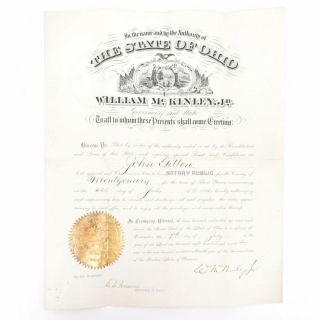 William Mckinley Signature On 1892 Ohio Notary Commission With Gold Seal - Jsa