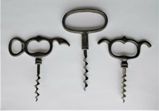3 Antique Iron Corkscrews - 2 - 3 & 4 Finger Grip One Marked Loftus.  19 Th Cen.