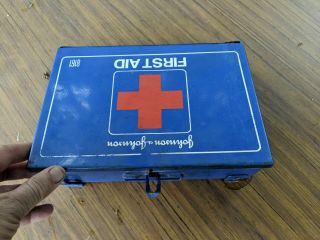 Vintage Wall Mount Johnson And Johnson First Aid Kit Blue Metal Box 8161