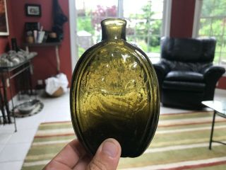 Yellow Olive 1/2 Pint Cornucopia & Urn Open Pontil Historic Flask