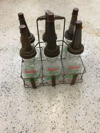 Set 6 With Rack Sinclair Dino Glass Motor Oil Bottles Spouts & Dust Cap